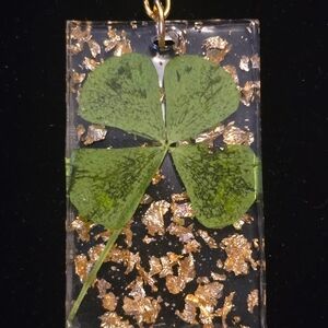 Pressed Four-Leaf Clover Resin Pendant with Gold Flakes